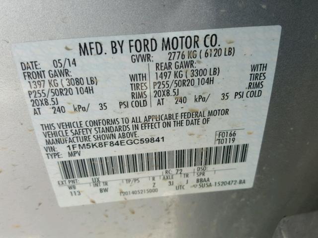 1FM5K8F84EGC59841 - 2014 FORD EXPLORER L SILVER photo 10