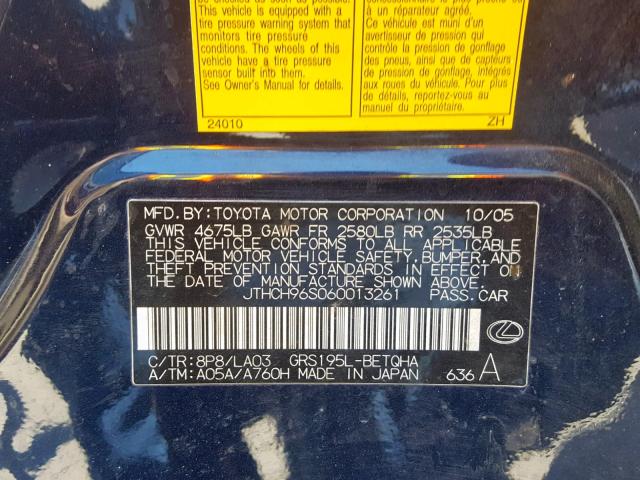 JTHCH96S060013261 - 2006 LEXUS GS GENERAT BLUE photo 10