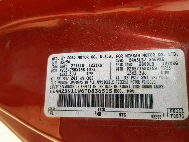 4N2DN11W6TD836515 - 1996 NISSAN QUEST XE RED photo 10