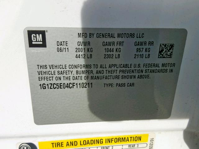 1G1ZC5E04CF110211 - 2012 CHEVROLET MALIBU 1LT 白色 照片 10