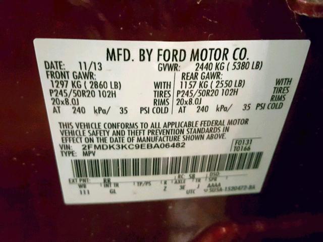 2FMDK3KC9EBA06482 - 2014 FORD EDGE LIMIT MAROON photo 10