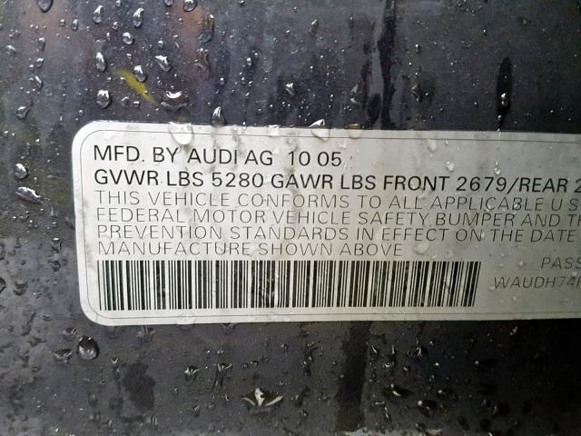 WAUDH74F66N095268 - 2006 AUDI A6 3.2 QUA GRAY photo 10