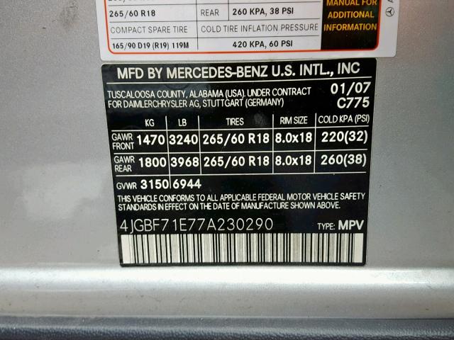 4JGBF71E77A230290 - 2007 MERCEDES-BENZ GL 450 4MA SILVER photo 10