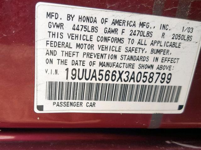 19UUA566X3A058799 - 2003 ACURA 3.2TL RED photo 10