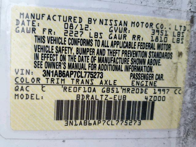 3N1AB6AP7CL775273 - 2012 NISSAN SENTRA 2.0 WHITE photo 10