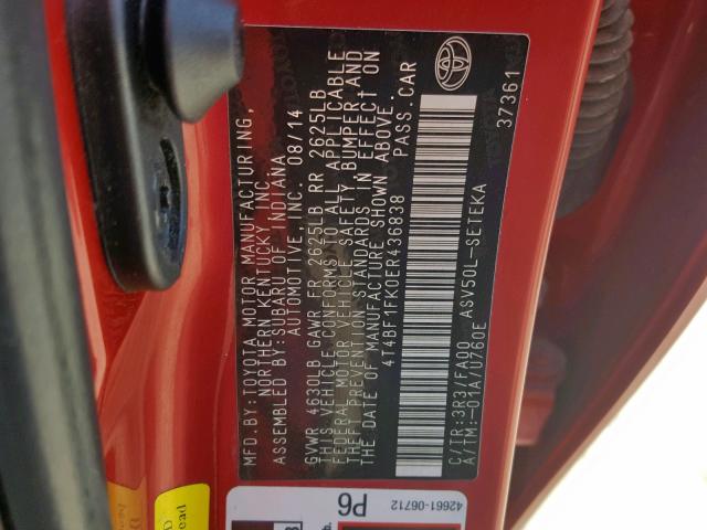 4T4BF1FK0ER436838 - 2014 TOYOTA CAMRY L Qırmızı foto 10