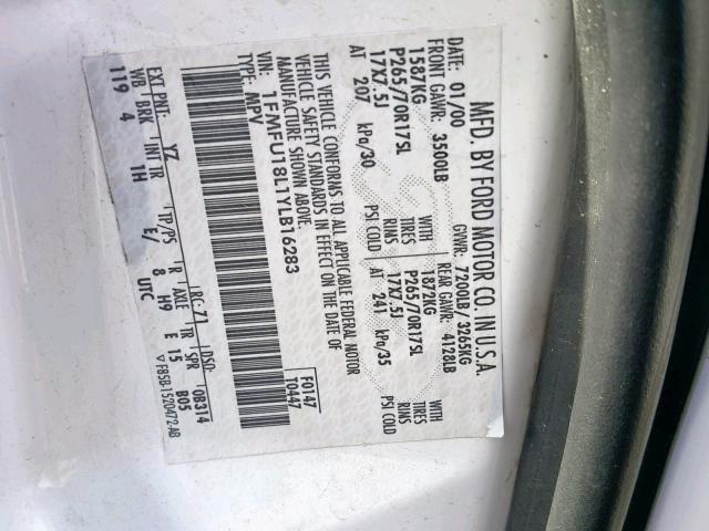 1FMFU18L1YLB16283 - 2000 FORD EXPEDITION WHITE photo 10