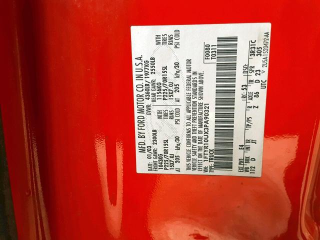 1FTYR10UX3PA90321 - 2003 FORD RANGER RED photo 10