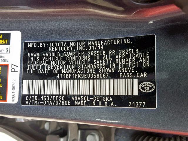 4T1BF1FK9EU358067 - 2014 TOYOTA CAMRY L GRAY photo 10