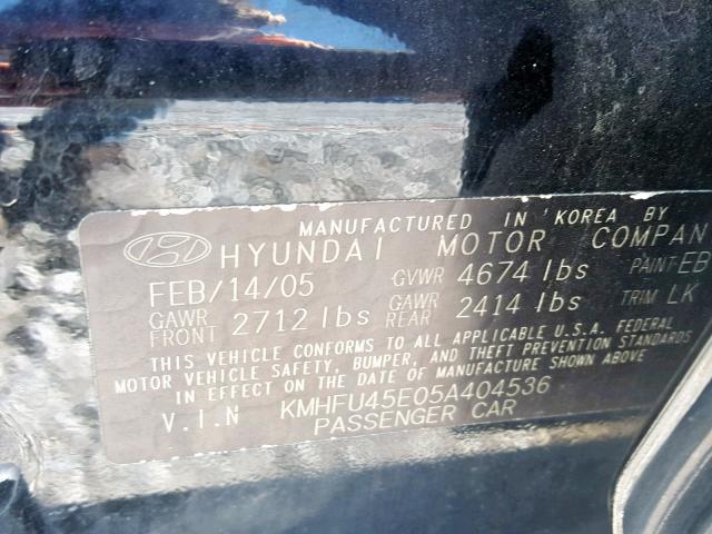 KMHFU45E05A404536 - 2005 HYUNDAI XG 350 BLACK photo 10