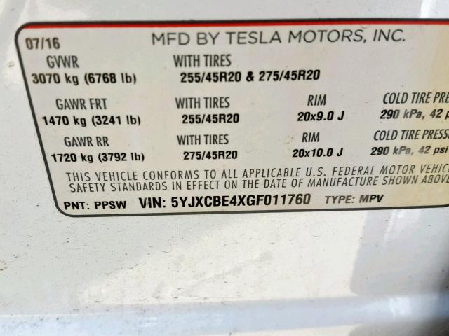 5YJXCBE4XGF011760 - 2016 TESLA MODEL X WHITE photo 10