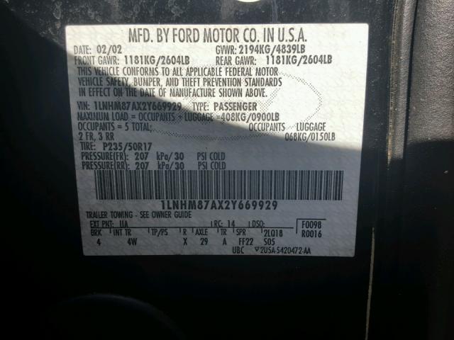 1LNHM87AX2Y669929 - 2002 LINCOLN LS BLACK photo 10