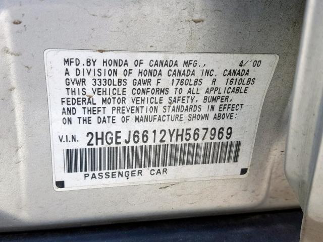 2HGEJ6612YH567969 - 2000 HONDA CIVIC BASE 银色 照片 10