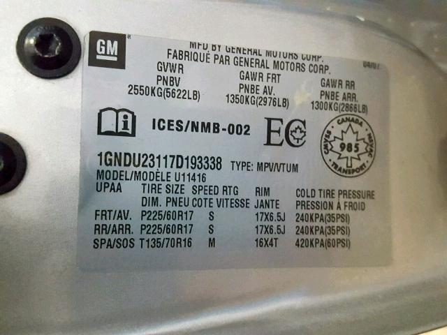 1GNDU23117D193338 - 2007 CHEVROLET UPLANDER L 灰色 照片 10