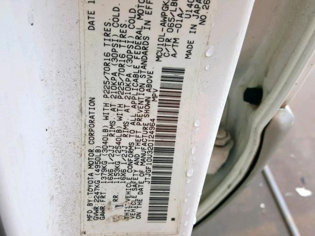 JTJGF10U320124964 - 2002 LEXUS RX 300 WHITE photo 10