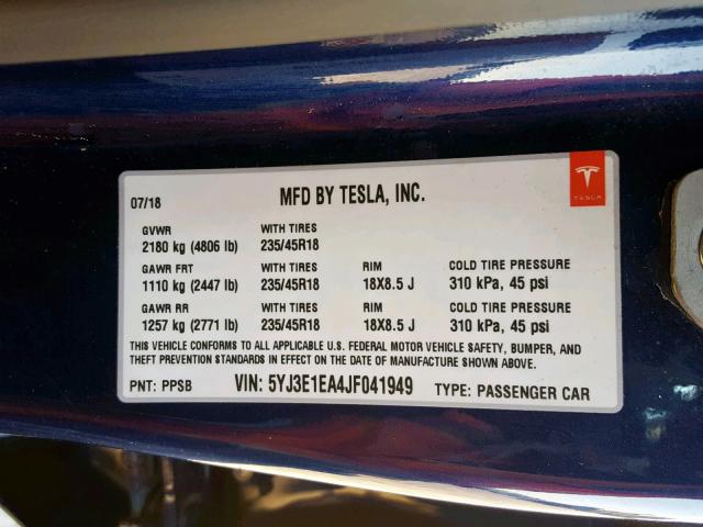 5YJ3E1EA4JF041949 - 2018 TESLA MODEL 3 BLUE photo 10