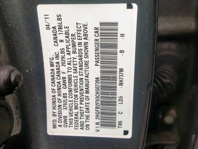 2HGFB2F93CH507398 - 2012 HONDA CIVIC EXL GRAY photo 10