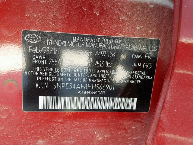 5NPE34AF8HH566901 - 2017 HYUNDAI SONATA SPO RED photo 10