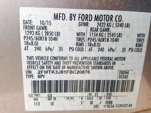 2FMTK3J81FBC20876 - 2015 FORD EDGE SEL SILVER photo 10