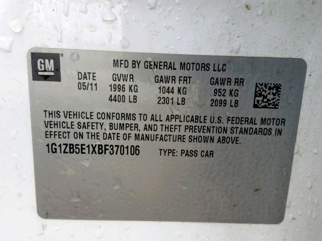 1G1ZB5E1XBF370106 - 2011 CHEVROLET MALIBU LS თეთრი ფოტო 10