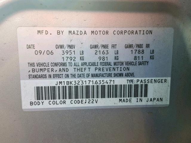 JM1BK323171635471 - 2007 MAZDA 3 S SILVER photo 10