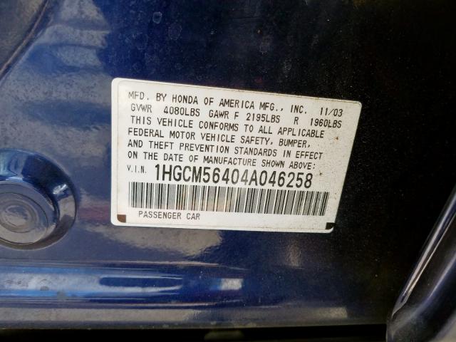 1HGCM56404A046258 - 2004 HONDA ACCORD LX  photo 10