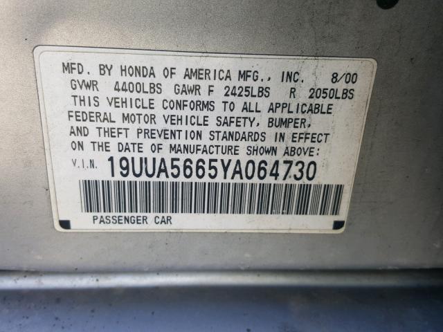 19UUA5665YA064730 - 2000 ACURA 3.2TL SILVER photo 10