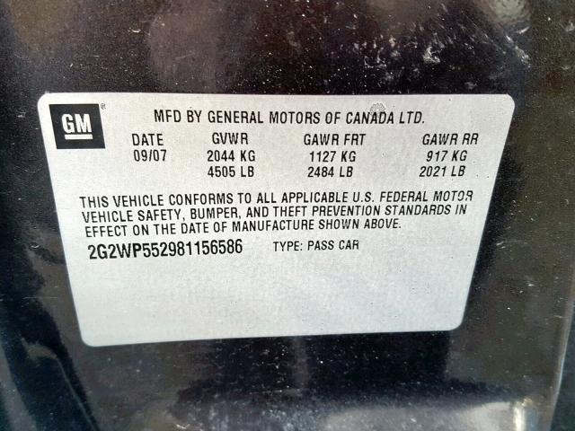 2G2WP552981156586 - 2008 PONTIAC GRAND PRIX BLACK photo 10