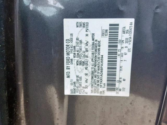 1FTKR1AD8BPA35594 - 2011 FORD RANGER GRAY photo 10