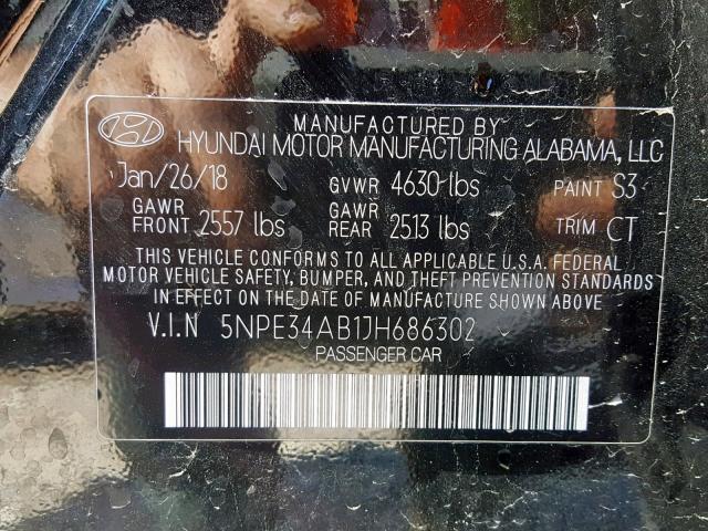 5NPE34AB1JH686302 - 2018 HYUNDAI SONATA SPO BLACK photo 10