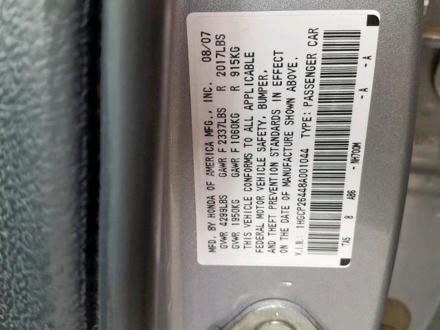 1HGCP26448A001044 - 2008 HONDA ACCORD LXP SILVER photo 10