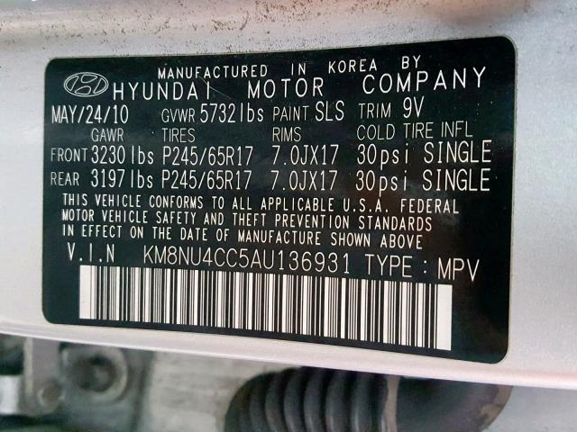 KM8NU4CC5AU136931 - 2010 HYUNDAI VERACRUZ G SILVER photo 10