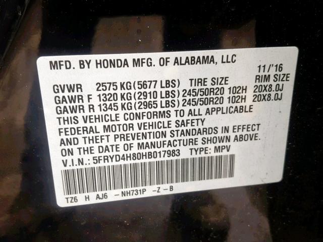 5FRYD4H80HB017983 - 2017 ACURA MDX ADVANC BLACK photo 10