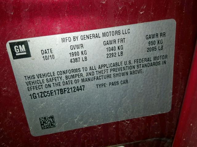 1G1ZC5E17BF212447 - 2011 CHEVROLET MALIBU 1LT 红色 照片 10