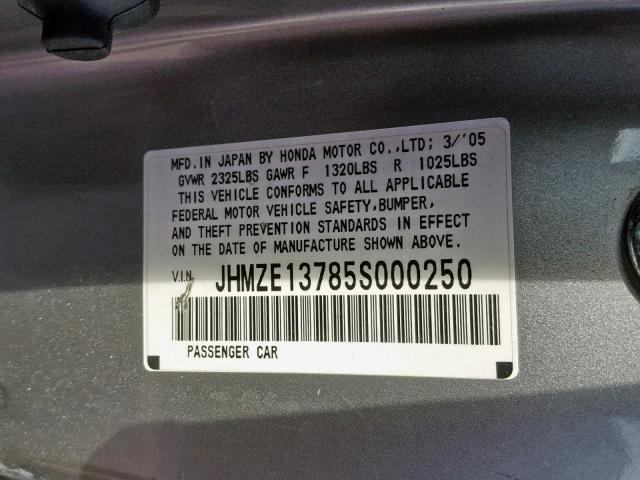 JHMZE13785S000250 - 2005 HONDA INSIGHT GRAY photo 10