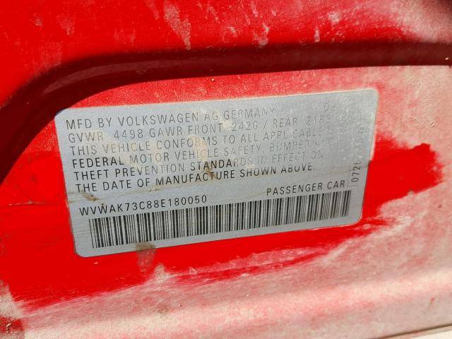 WVWAK73C88E180050 - 2008 VOLKSWAGEN PASSAT KOM RED photo 10