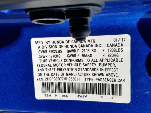 2HGFC3B77HH355611 - 2017 HONDA CIVIC EXL BLUE photo 10