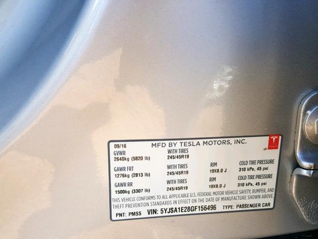 5YJSA1E28GF156496 - 2016 TESLA MODEL S فضي صورة 10