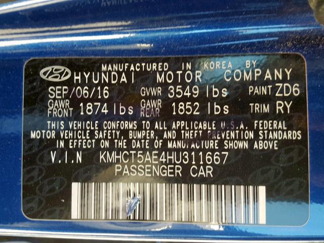 KMHCT5AE4HU311667 - 2017 HYUNDAI ACCENT SE BLUE photo 10