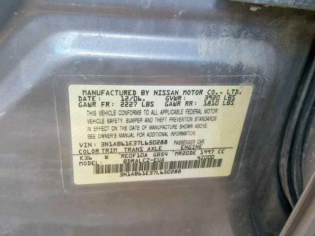 3N1AB61E37L650288 - 2007 NISSAN SENTRA 2.0 GRAY photo 10