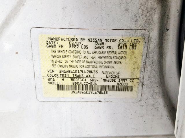 3N1AB61E17L678655 - 2007 NISSAN SENTRA 2.0 WHITE photo 10