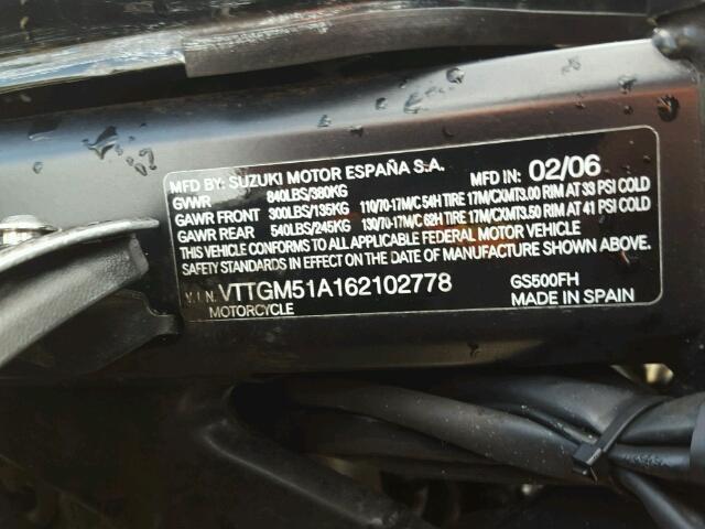 VTTGM51A162102778 - 2006 SUZUKI GS500 FK BLACK photo 10