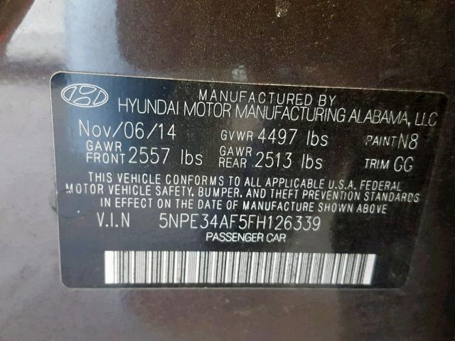 5NPE34AF5FH126339 - 2015 HYUNDAI SONATA SPO BROWN photo 10