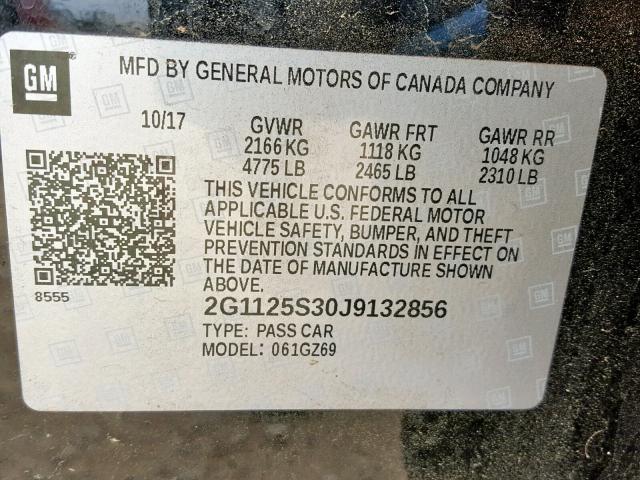 2G1125S30J9132856 - 2018 CHEVROLET IMPALA PRE BLACK photo 10