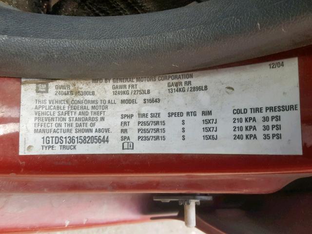1GTDS136158205644 - 2005 GMC CANYON RED photo 10