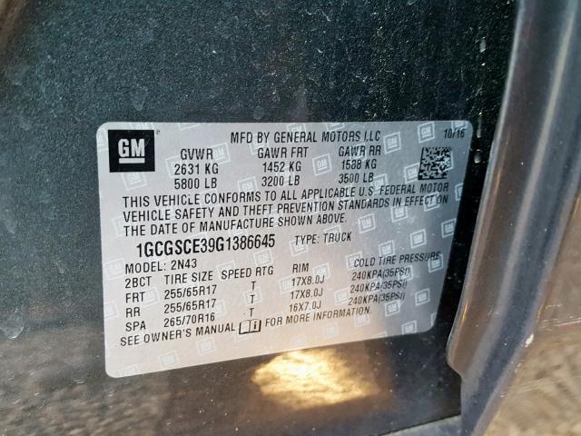 1GCGSCE39G1386645 - 2016 CHEVROLET COLORADO L GRAY photo 10