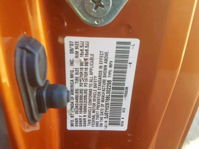 5J6YH28788L002298 - 2008 HONDA ELEMENT EX ORANGE photo 10