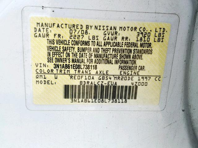 3N1AB61E08L738118 - 2008 NISSAN SENTRA 2.0 WHITE photo 10