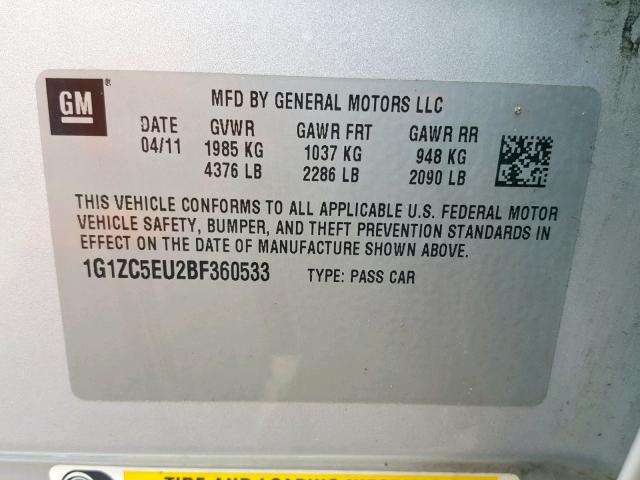 1G1ZC5EU2BF360533 - 2011 CHEVROLET MALIBU 1LT ვერცხლისფერი ფოტო 10