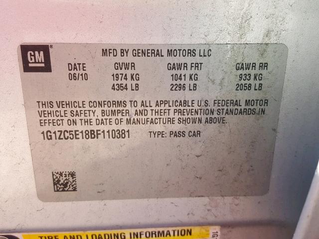 1G1ZC5E18BF110381 - 2011 CHEVROLET MALIBU 1LT 银色 照片 10